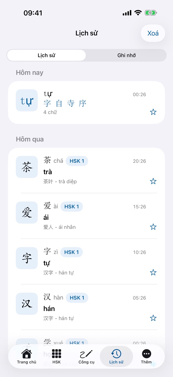 Lịch sử các chữ đã tra, nhóm theo ngày, có sao để ghi nhớ