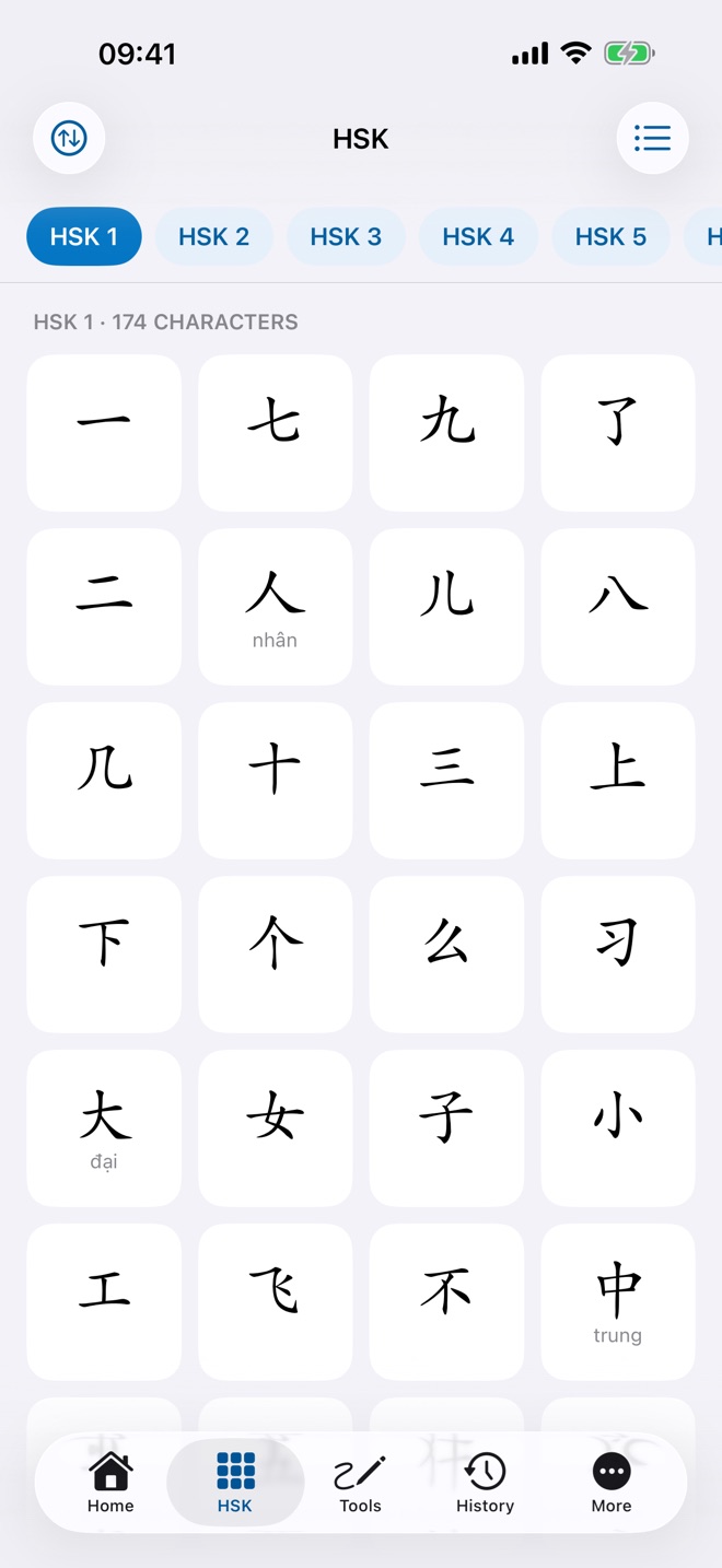 HSK 1 characters in a grid with their readings
