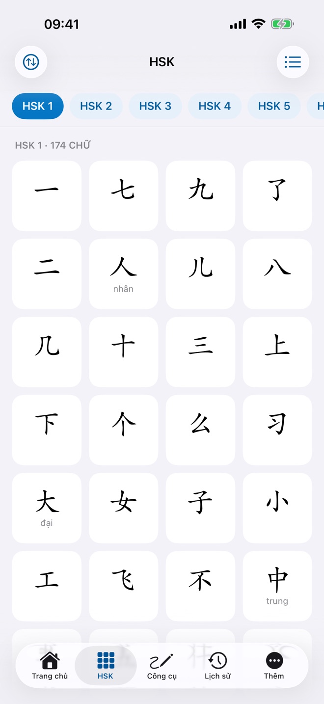 Các chữ HSK 1 dạng lưới kèm âm đọc